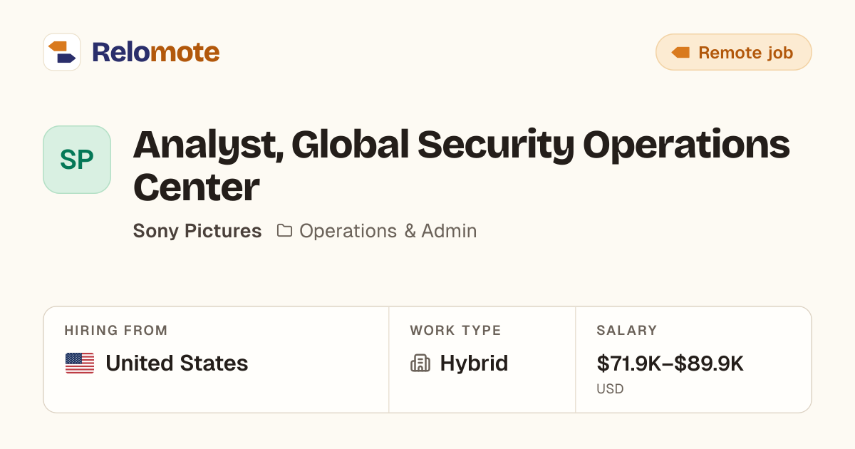 Analyst, Global Security Operations Center at Sony Pictures | Relomote