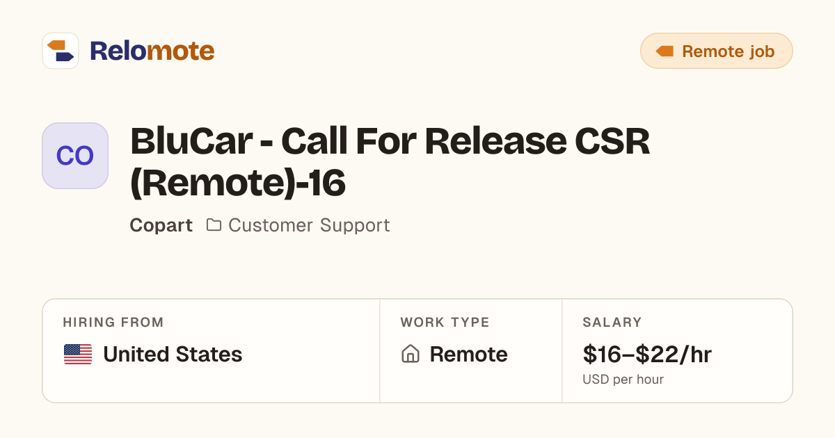 BluCar - Call For Release CSR (Remote)-16 at Copart | Relomote