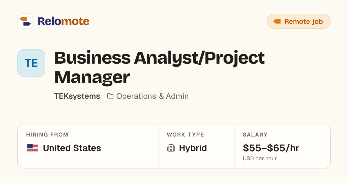 Business Analyst/Project Manager at TEKsystems | Relomote