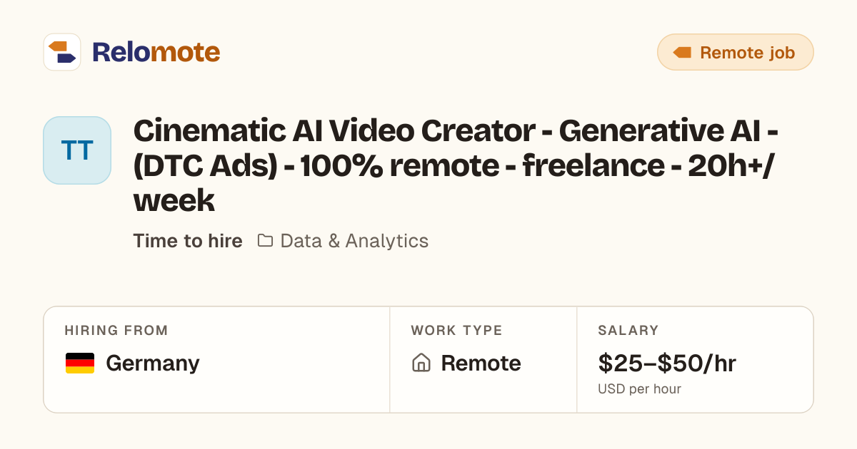 Cinematic AI Video Creator - Generative AI - (DTC Ads) - 100% remote…