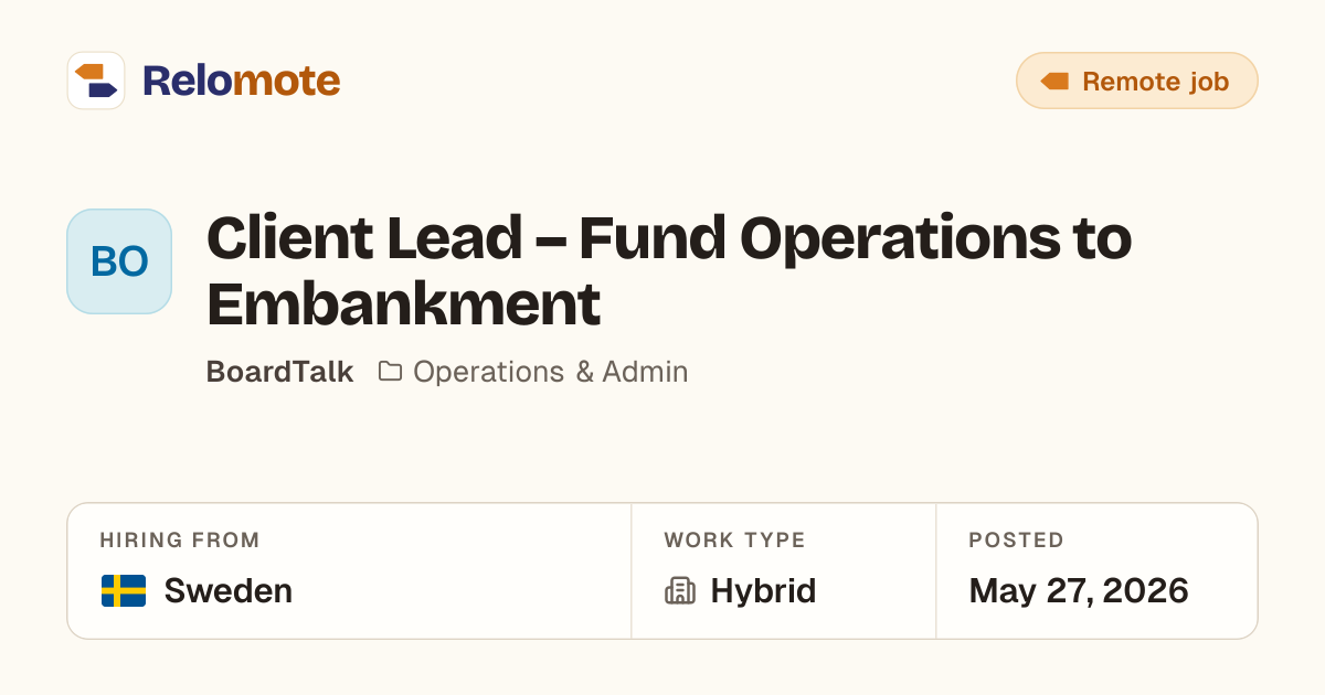 Client Lead – Fund Operations to Embankment at BoardTalk | Relomote
