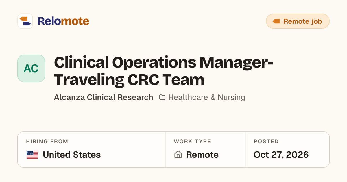 Clinical Operations Manager-Traveling CRC Team at Alcanza Clinical…