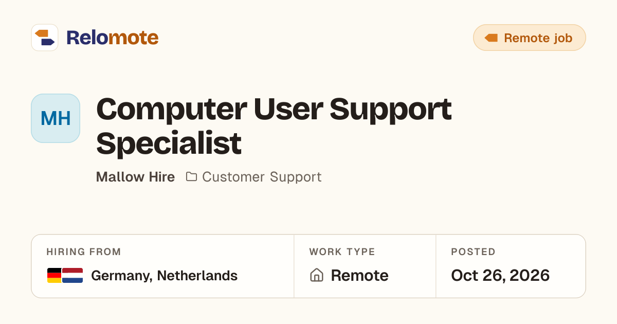Computer User Support Specialist at Mallow Hire | Relomote