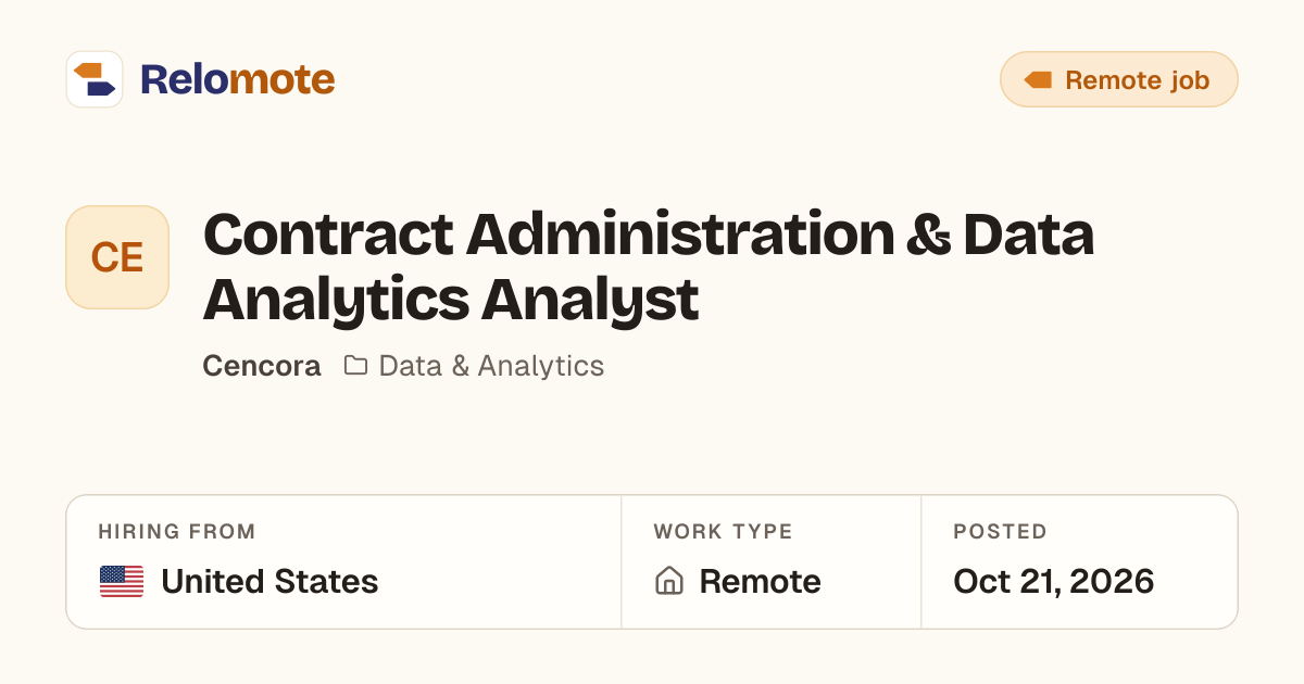 Contract Administration & Data Analytics Analyst at Cencora | Relomote