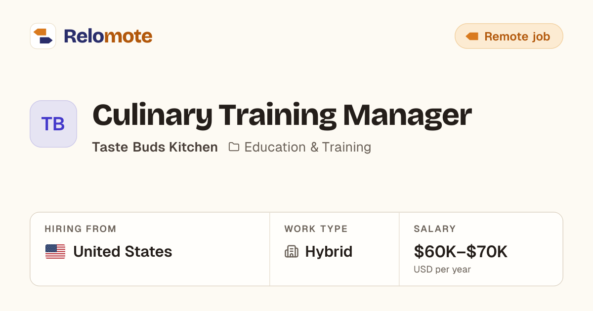 Culinary Training Manager at Taste Buds Kitchen | Relomote