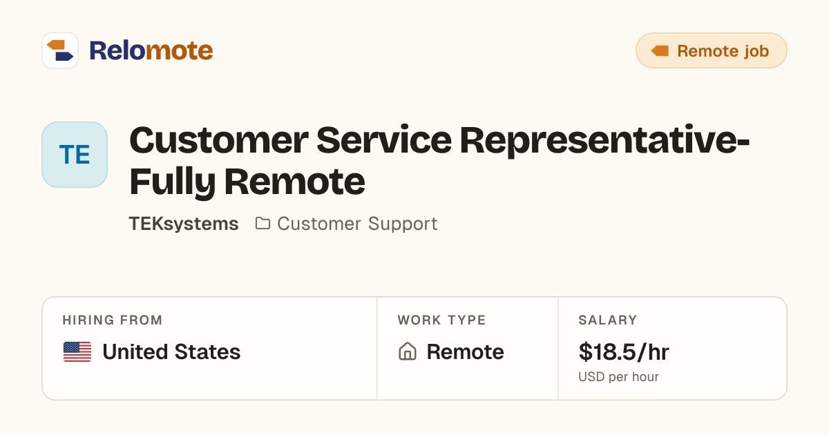Customer Service Representative- Fully Remote at TEKsystems | Relomote