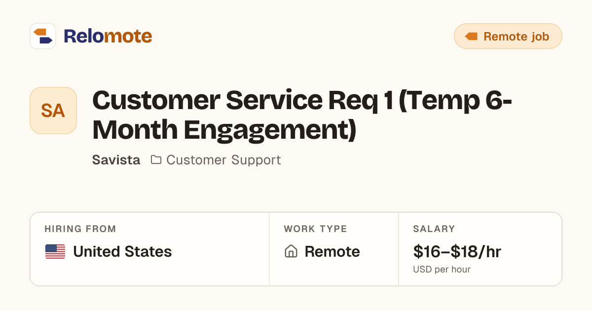 Customer Service Req 1 (Temp 6-Month Engagement) at Savista | Relomote
