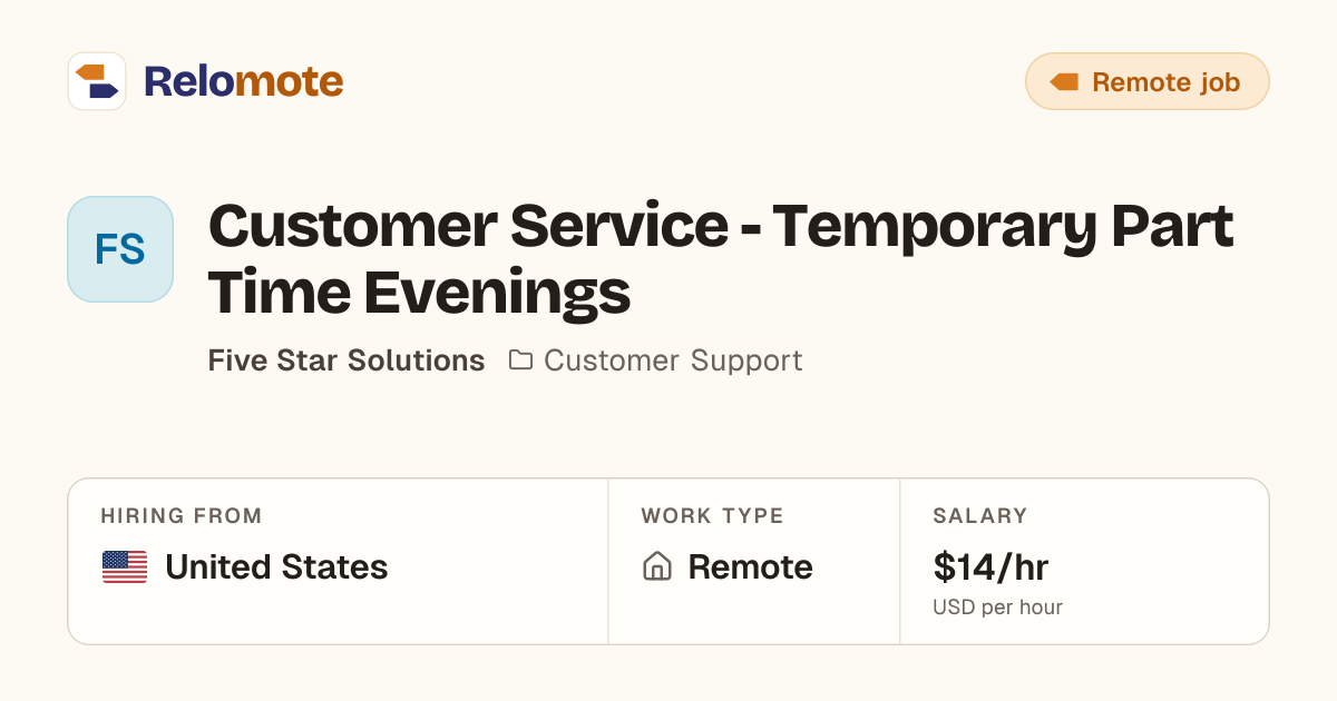 Customer Service - Temporary Part Time Evenings at Five Star Solutions