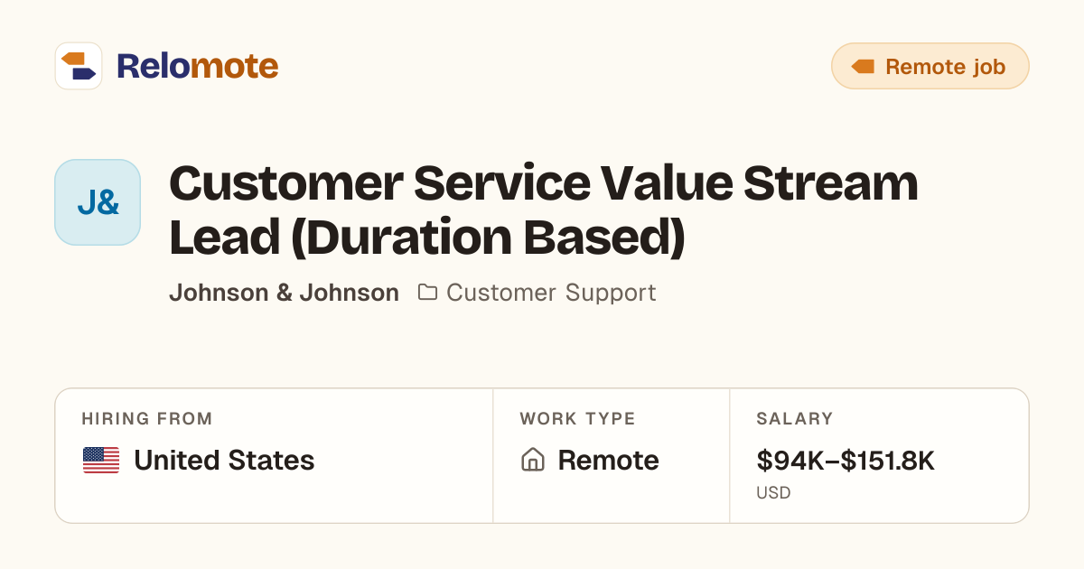 Customer Service Value Stream Lead (Duration Based) at Johnson