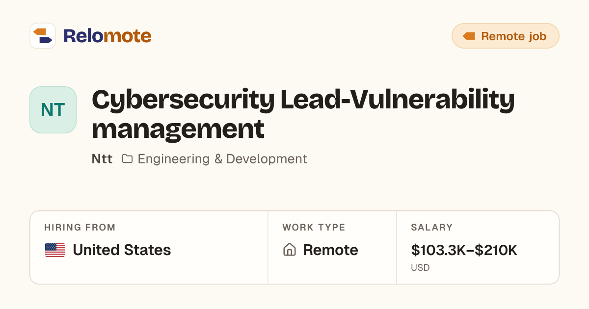 Cybersecurity Lead-Vulnerability management at Ntt | Relomote