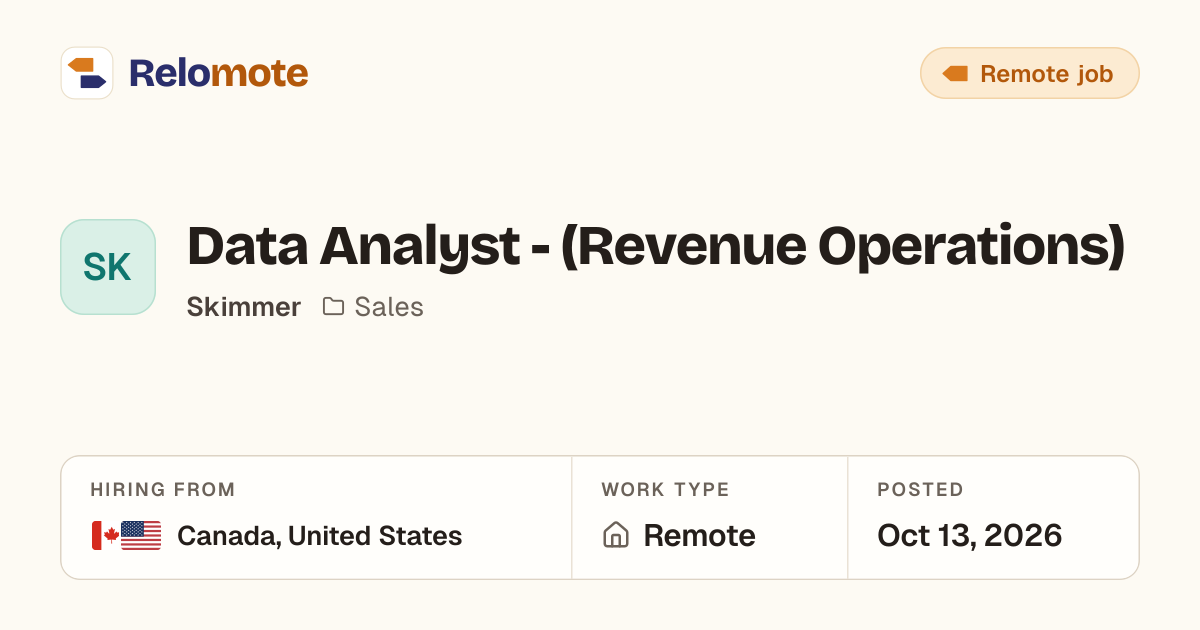 Data Analyst - (Revenue Operations) at Skimmer | Relomote