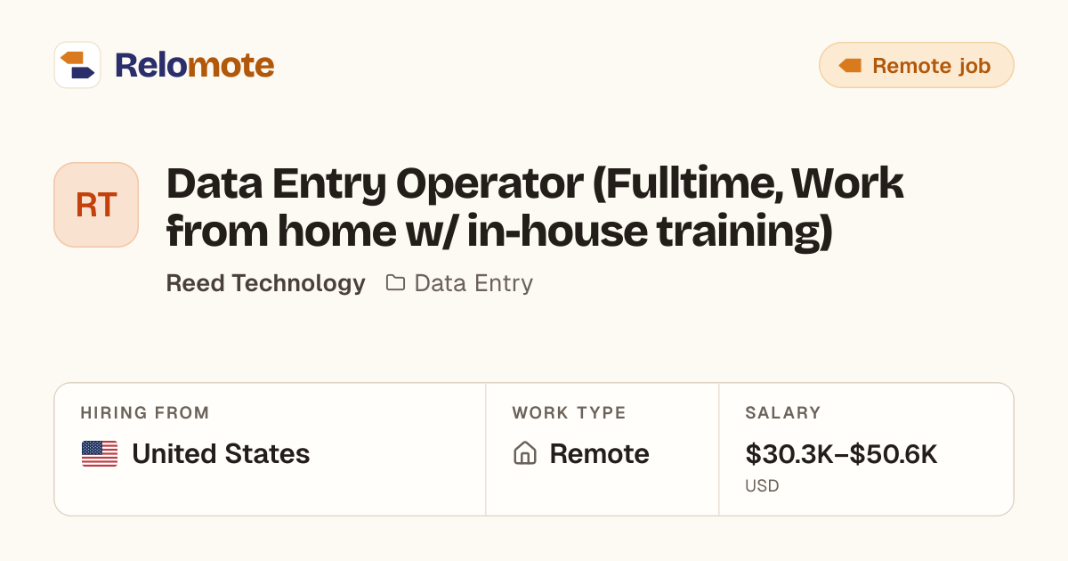 Data Entry Operator (Fulltime, Work from home w/ in-house training)…