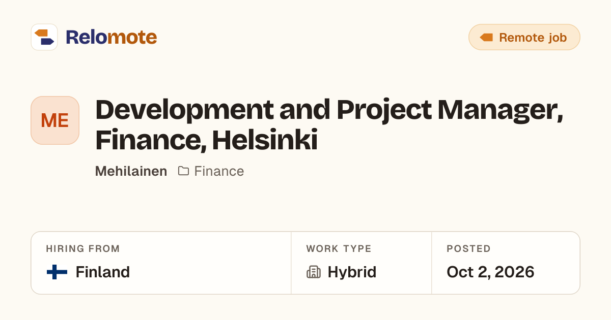 Development and Project Manager, Finance, Helsinki at Mehilainen | Relomote