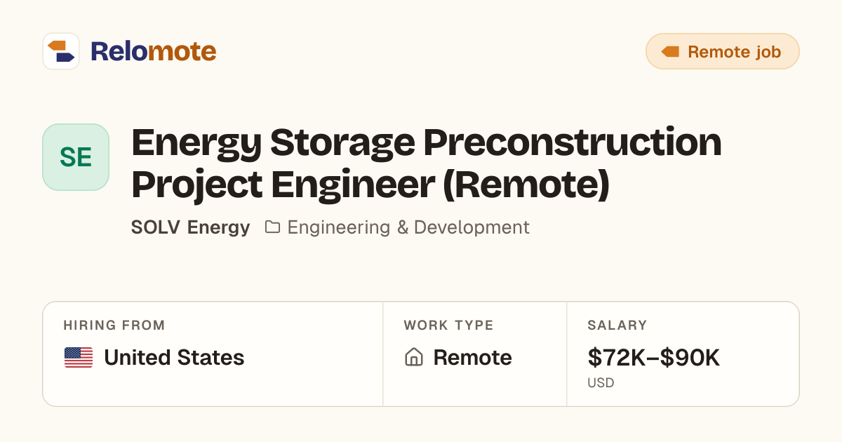 Energy Storage Preconstruction Project Engineer (Remote) at SOLV…