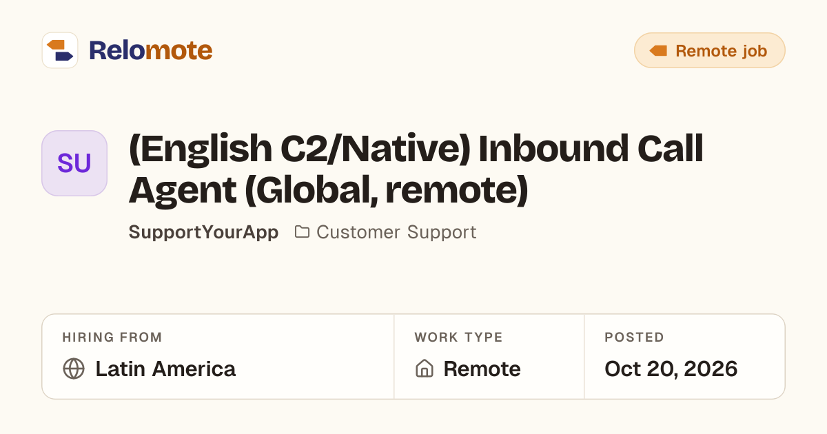 (English C2/Native) Inbound Call Agent (Global, remote) at…