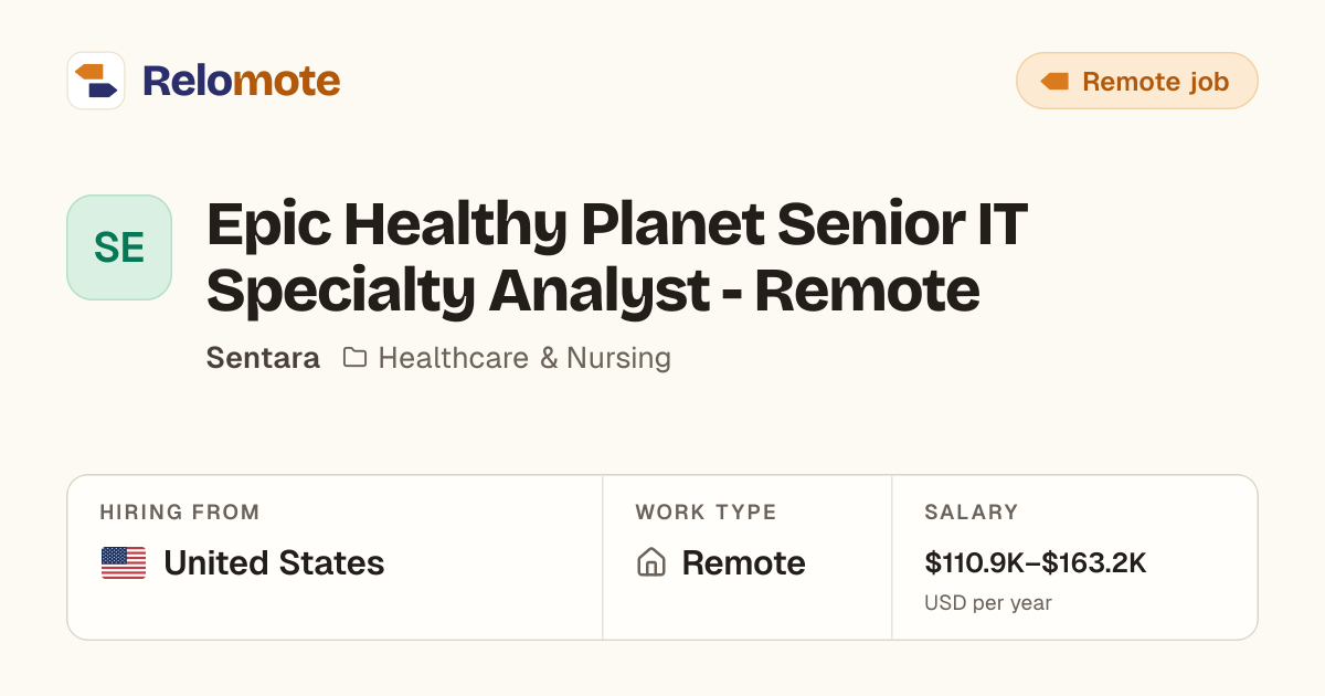 Epic Healthy Planet Senior IT Specialty Analyst - Remote at Sentara