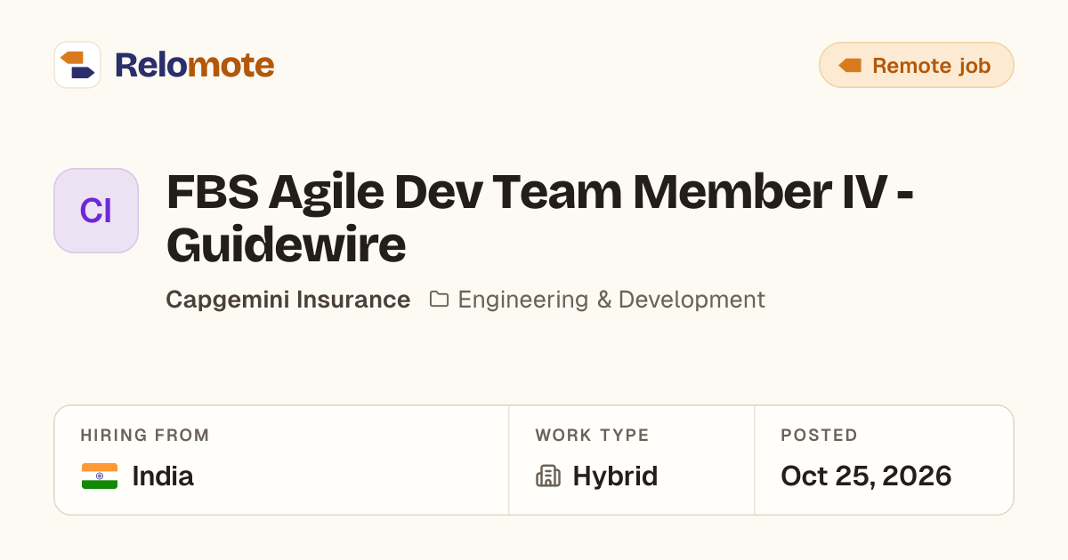 FBS Agile Dev Team Member IV - Guidewire at Capgemini Insurance