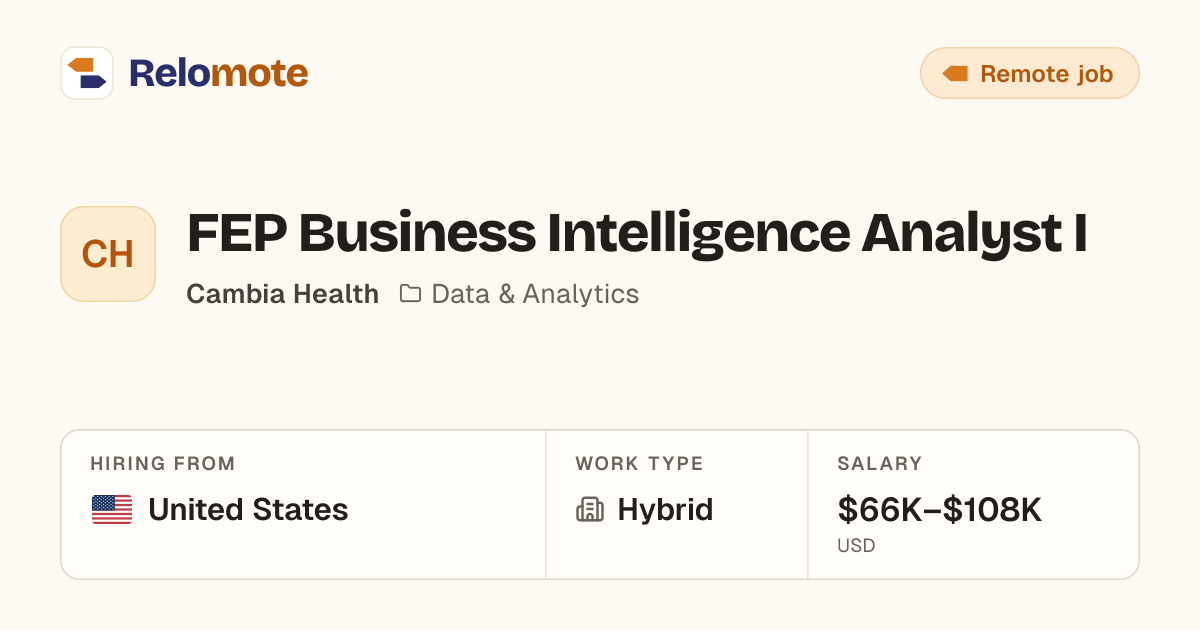 FEP Business Intelligence Analyst I at Cambia Health | Relomote