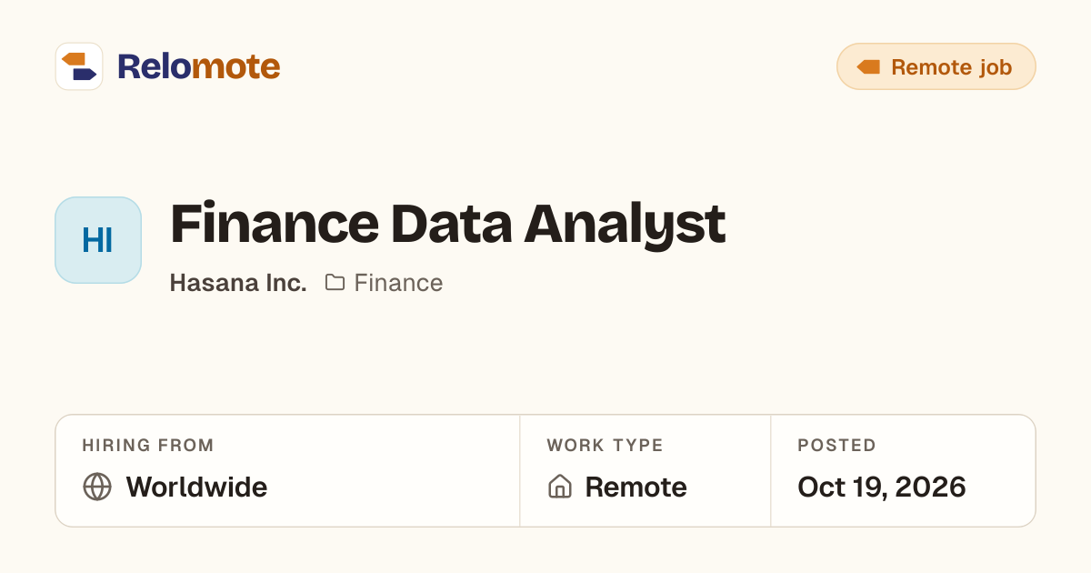 Finance Data Analyst at Hasana Inc. | Relomote
