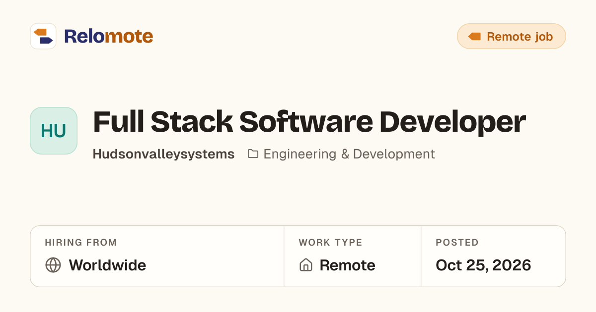 Full Stack Software Developer at Hudsonvalleysystems | Relomote