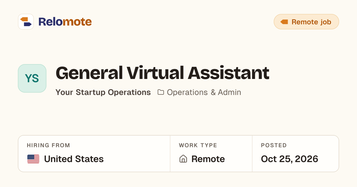 General Virtual Assistant at Your Startup Operations | Relomote