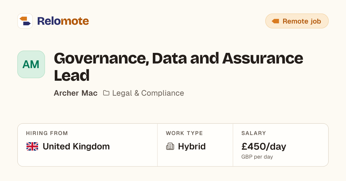 Governance, Data and Assurance Lead at Archer Mac | Relomote