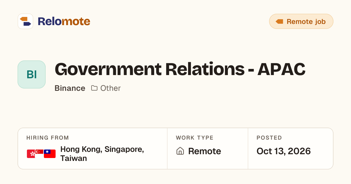 Government Relations - APAC at Binance | Relomote