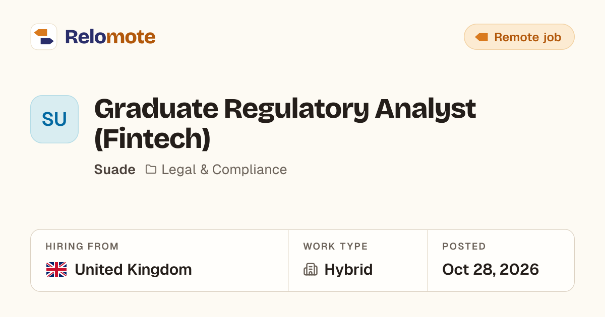 Graduate Regulatory Analyst (Fintech) at Suade | Relomote