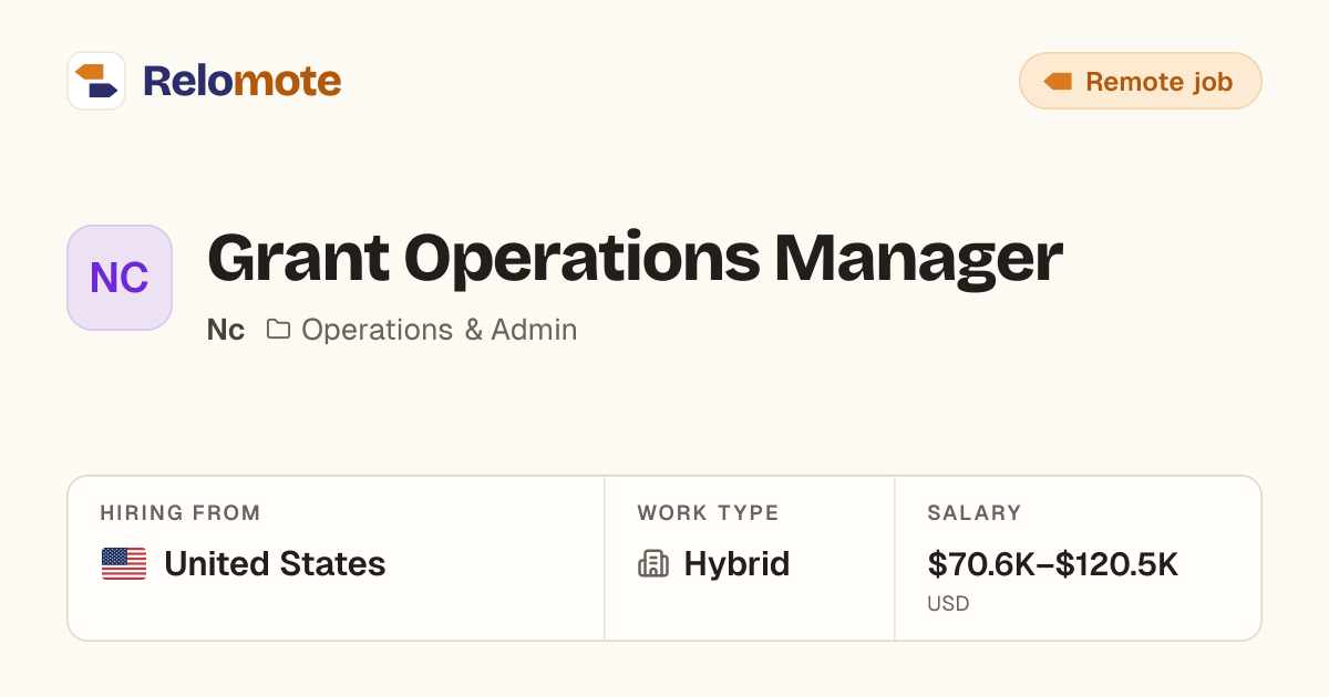 Grant Operations Manager at Nc | Relomote