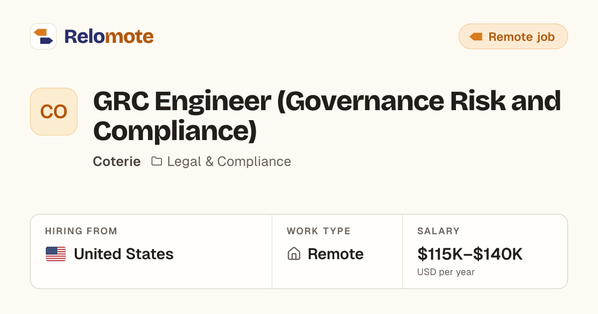 GRC Engineer (Governance Risk and Compliance) at Coterie | Relomote
