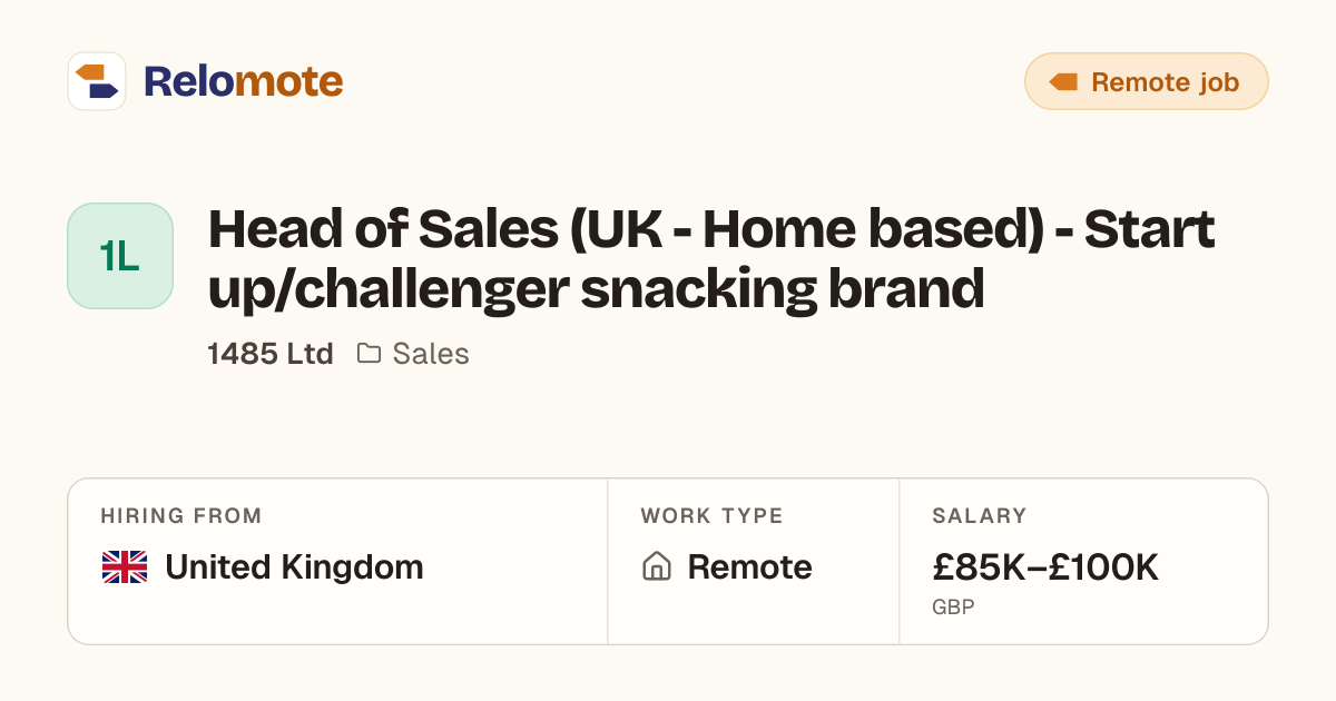 Head of Sales (UK - Home based) - Start up/challenger snacking brand…