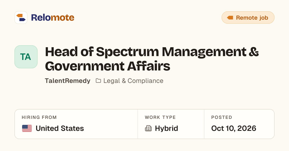 Head of Spectrum Management & Government Affairs at TalentRemedy
