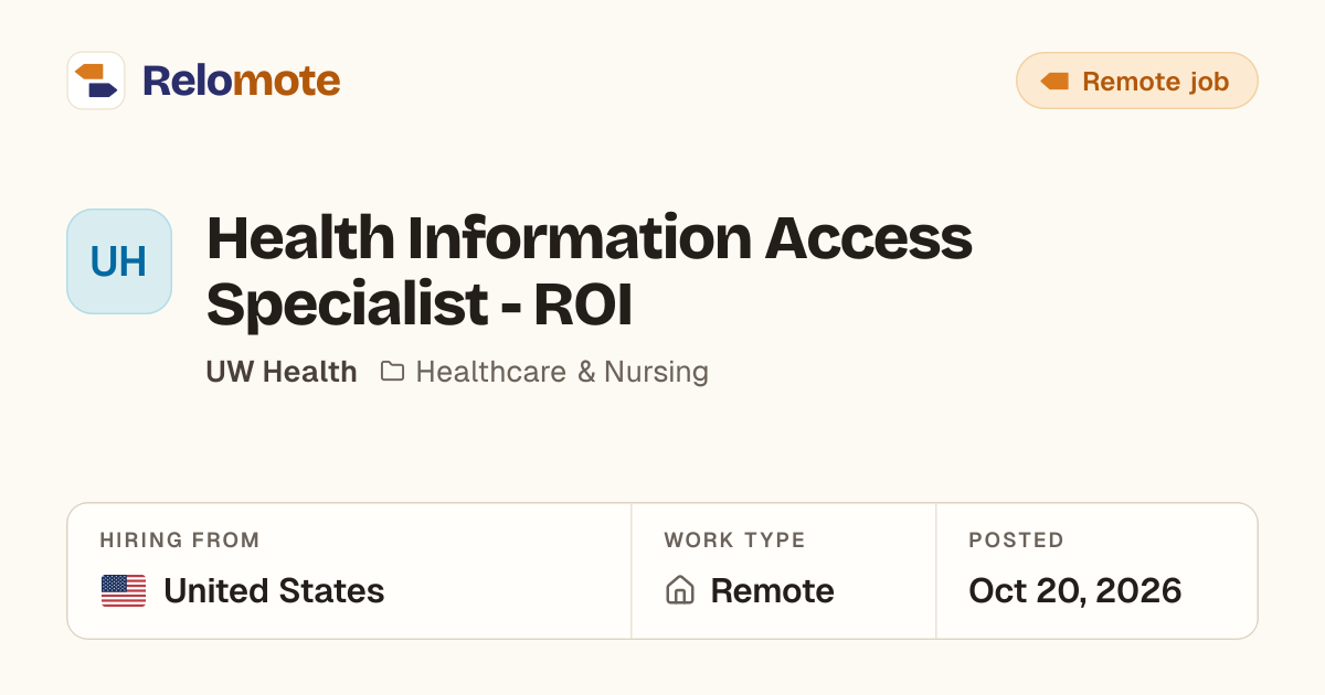 Health Information Access Specialist - ROI at UW Health | Relomote