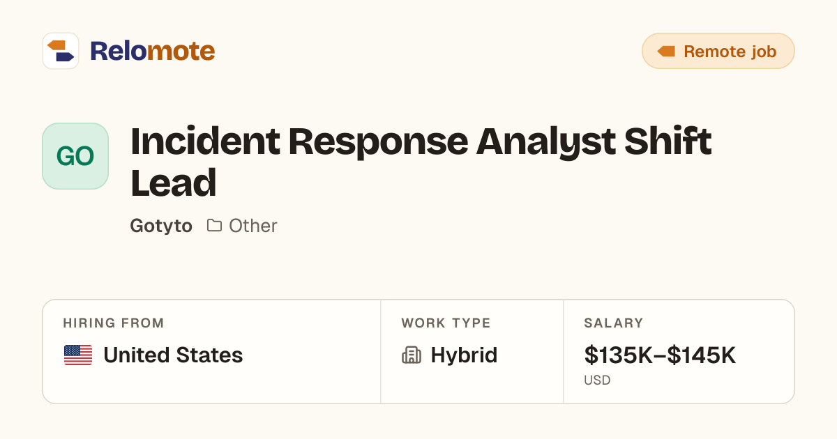 Incident Response Analyst Shift Lead at Gotyto | Relomote