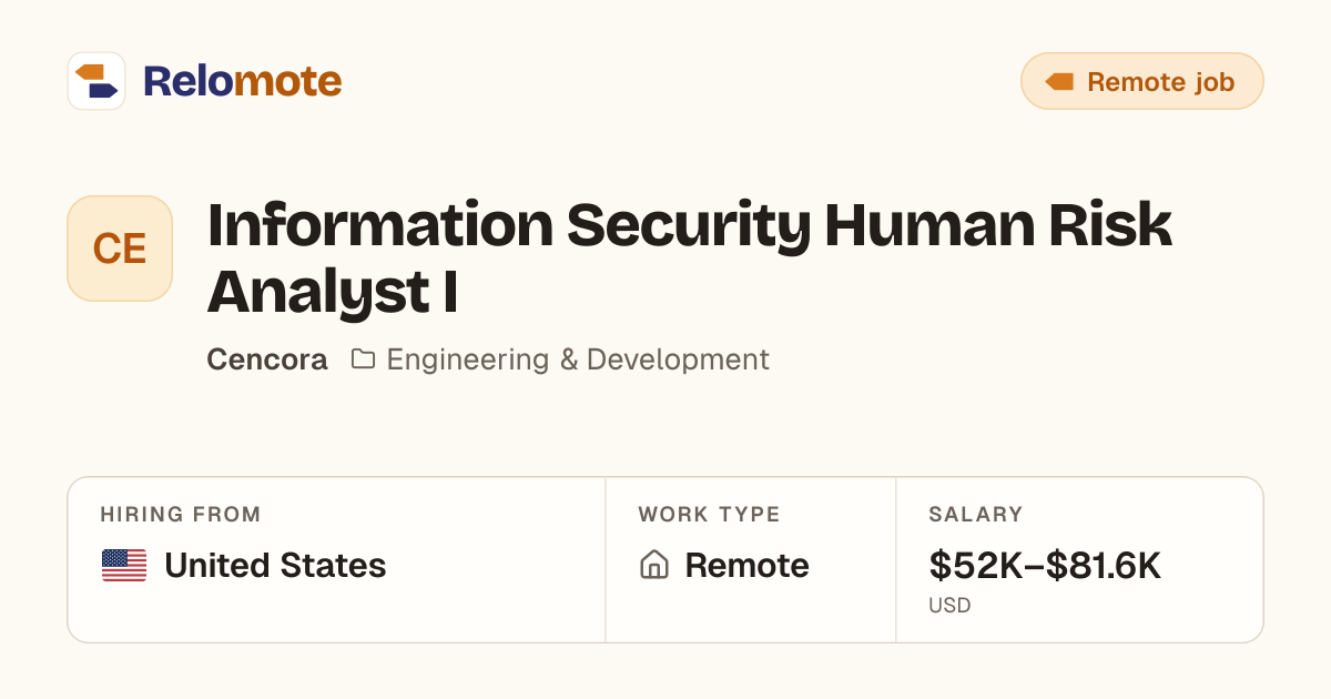 Information Security Human Risk Analyst I at Cencora | Relomote