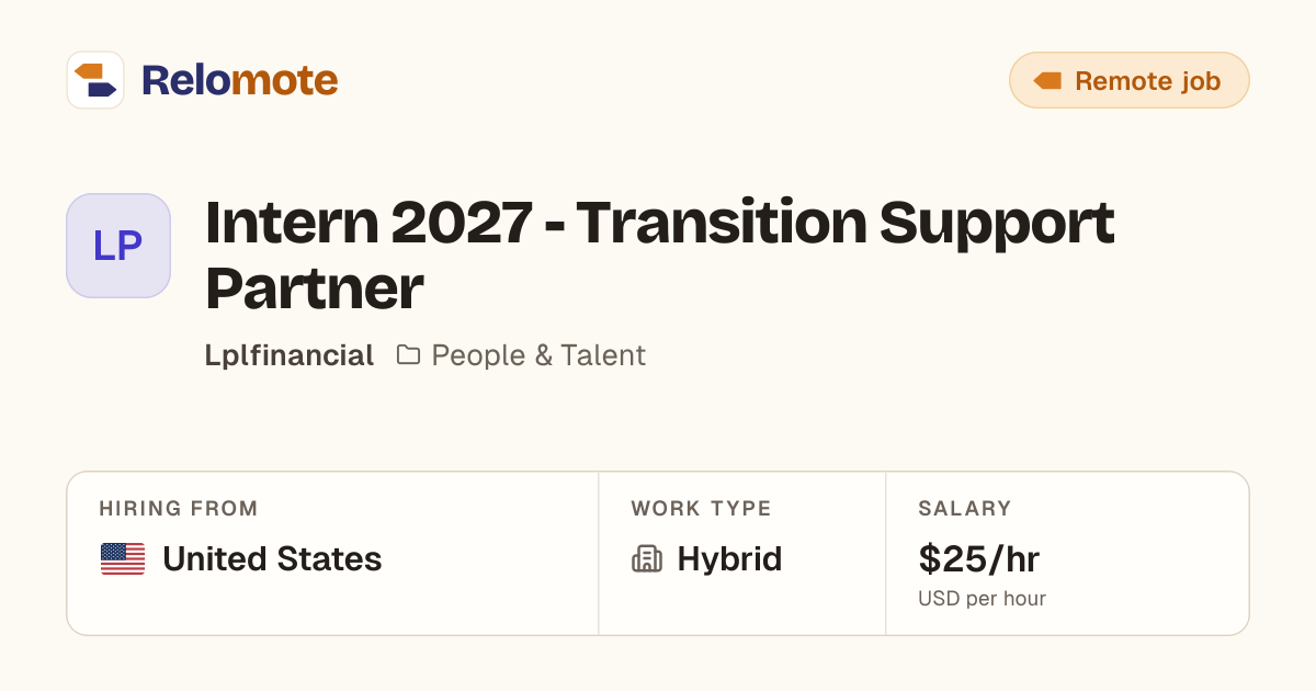 Intern 2027 - Transition Support Partner at Lplfinancial | Relomote