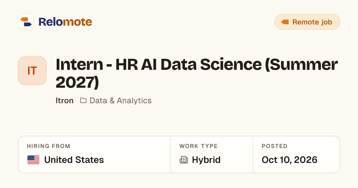 Intern - HR AI Data Science (Summer 2027) at Itron | Relomote