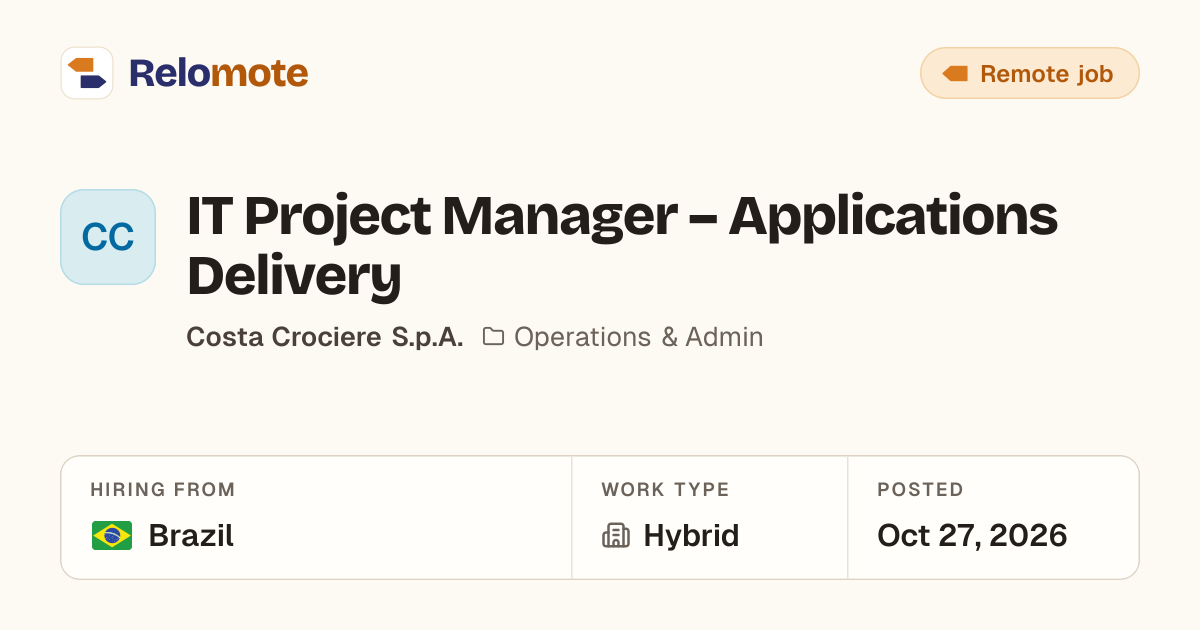 IT Project Manager – Applications Delivery at Costa Crociere S.p.A.