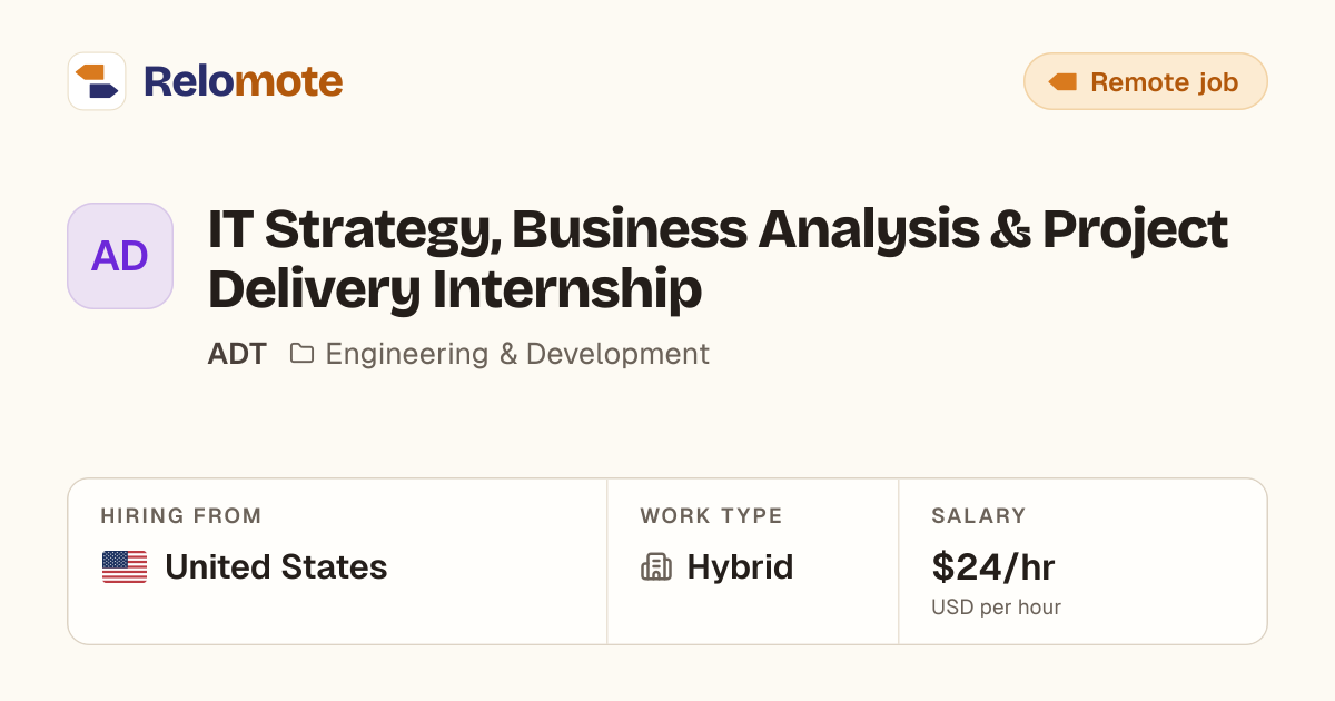 IT Strategy, Business Analysis & Project Delivery Internship at ADT