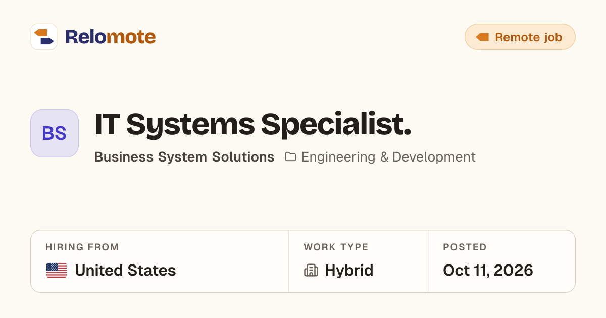 IT Systems Specialist. at Business System Solutions | Relomote