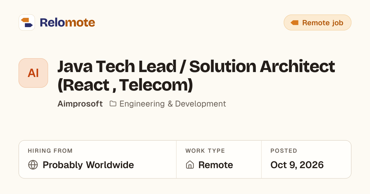 Java Tech Lead / Solution Architect (React , Telecom) at Aimprosoft