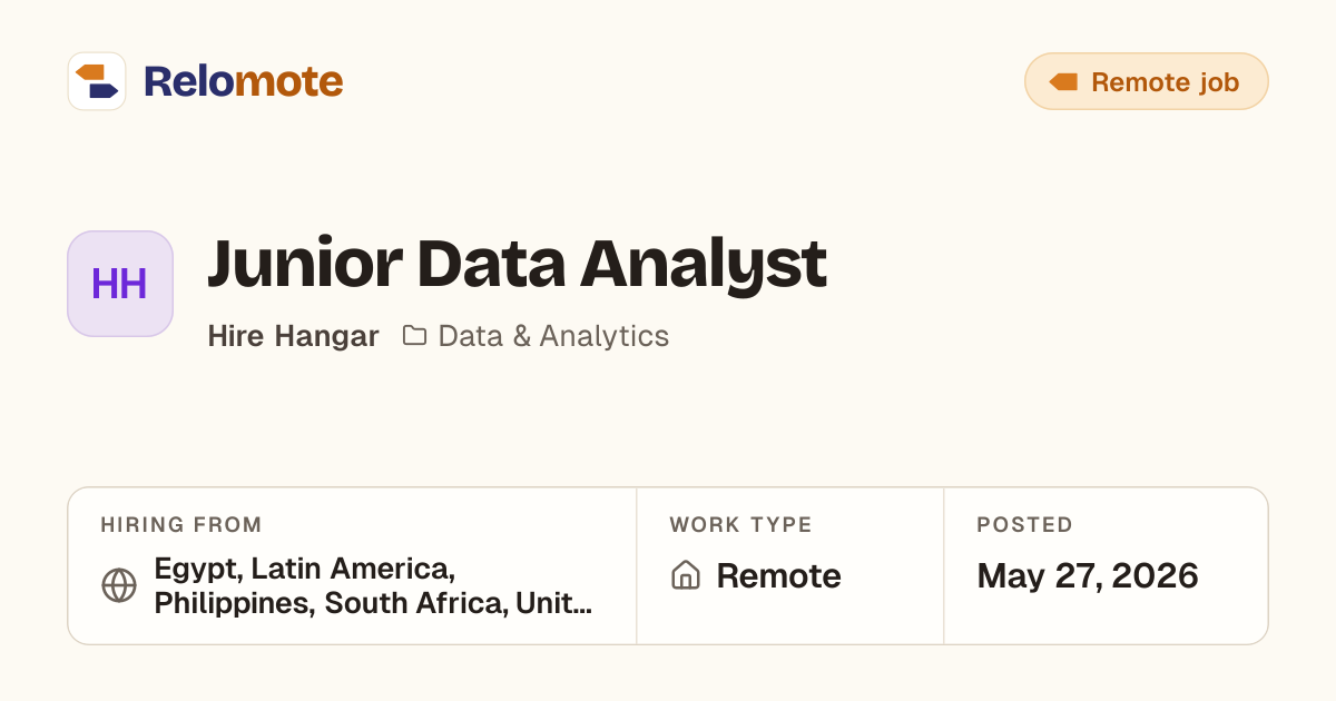 Junior Data Analyst at Hire Hangar | Relomote