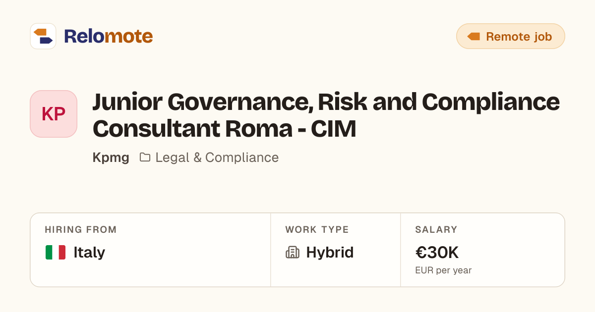 Junior Governance, Risk and Compliance Consultant Roma - CIM at Kpmg