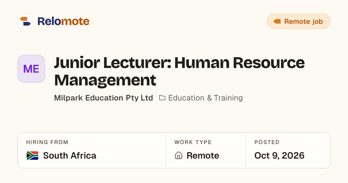 Junior Lecturer: Human Resource Management at Milpark Education Pty…