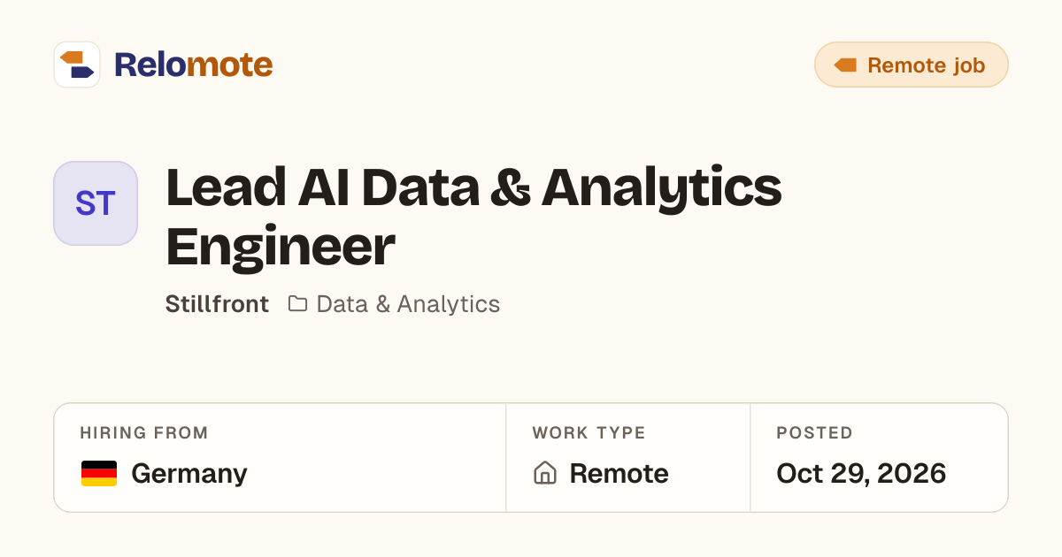 Lead AI Data & Analytics Engineer at Stillfront · Remote, Germany