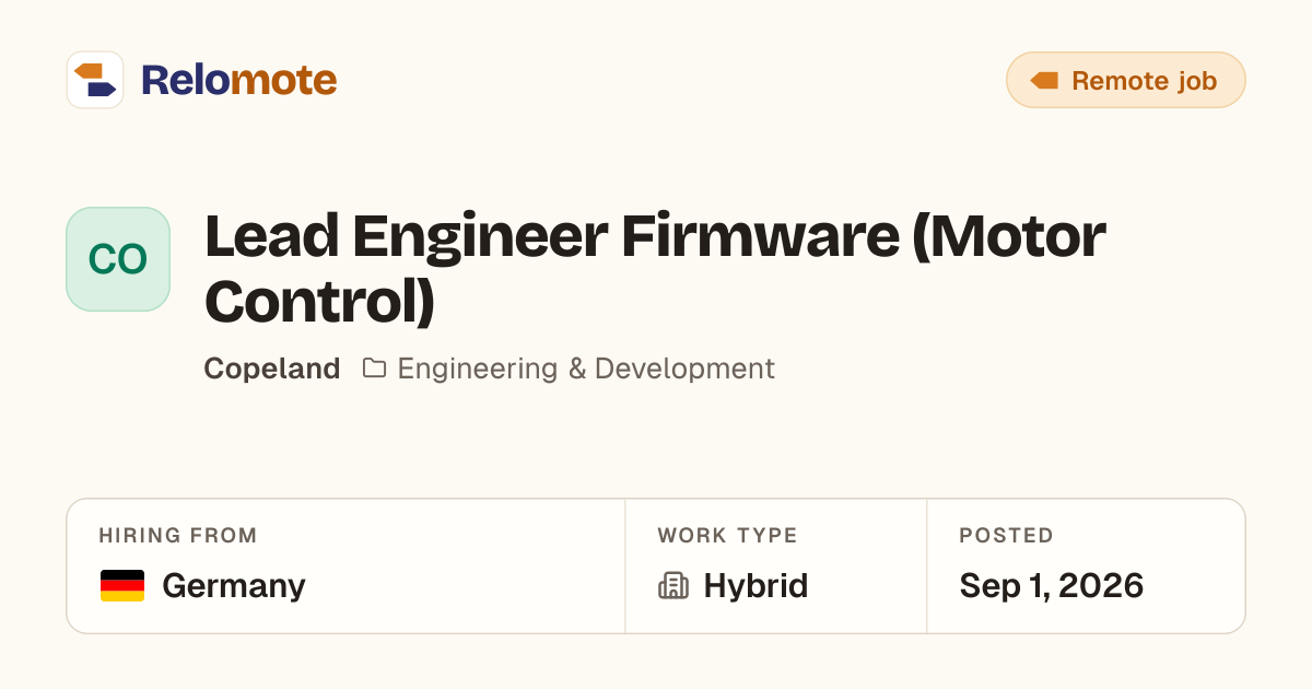 Lead Engineer Firmware (Motor Control) at Copeland | Relomote