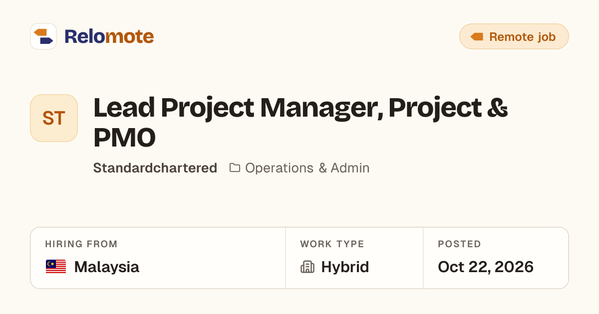 Lead Project Manager, Project & PMO at Standardchartered | Relomote
