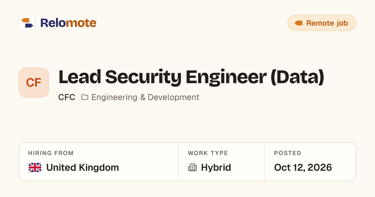Lead Security Engineer (Data) at CFC | Relomote