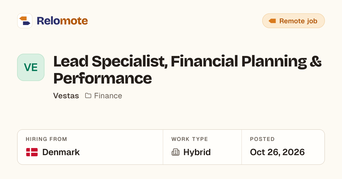 Lead Specialist, Financial Planning & Performance at Vestas | Relomote