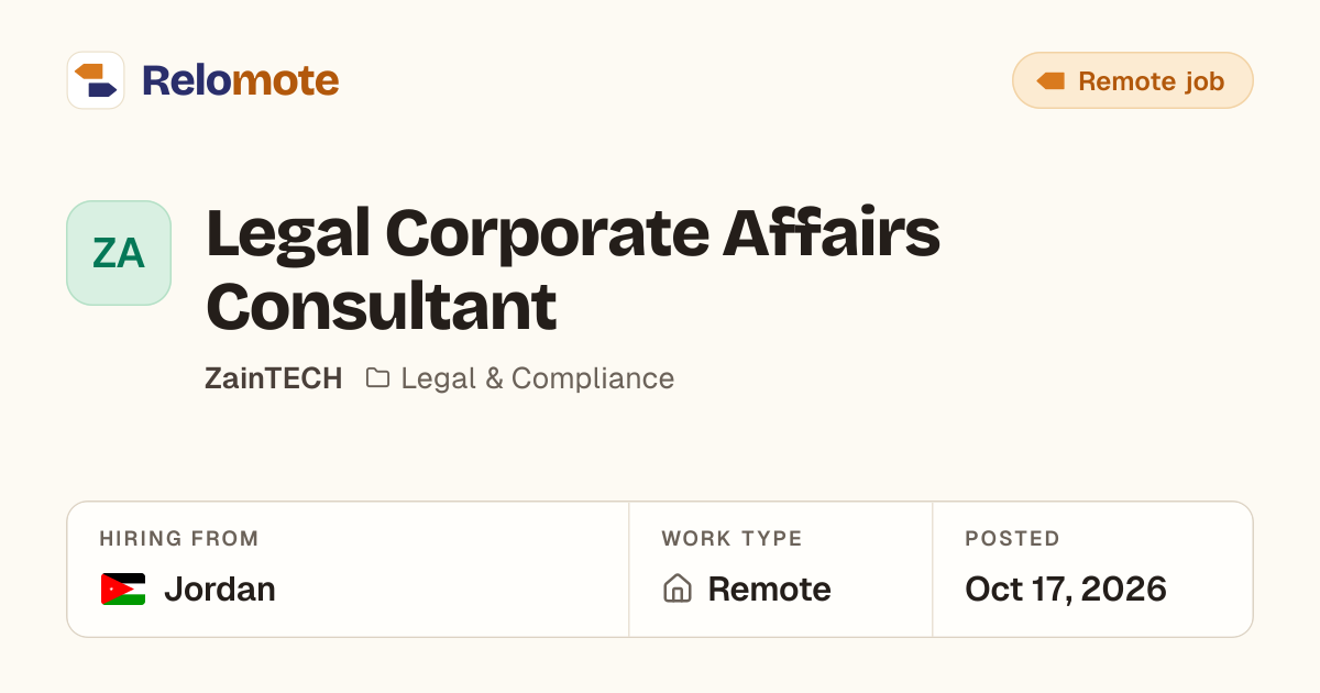 Legal Corporate Affairs Consultant at ZainTECH | Relomote